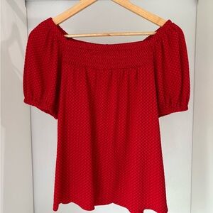 LOFT Womens Red Flutter Sleeve Smocked Short Sleeve Blouse Size L Petite NWOT
